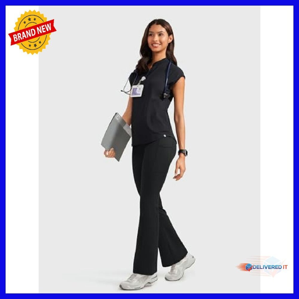 High Waisted Medical Scrub Pants 31" Inseam 7 Pockets Wide Leg - Picture 3 of 7